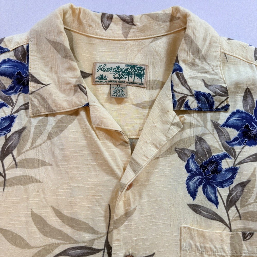 Havana Jacks Cafe Hawaiian Shirt Mens Medium Yellow Blue Floral Rayon Camp Top